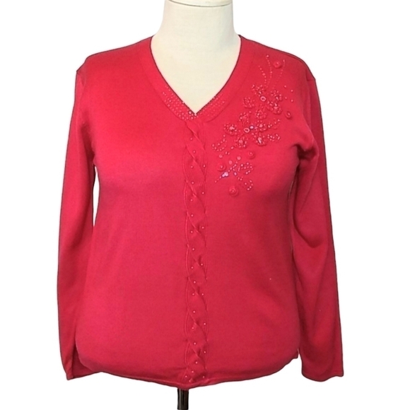 Jenny Womens XL Red Knit V Neck Button Up Cardigan Sweater Beaded Holiday - Picture 1 of 8
